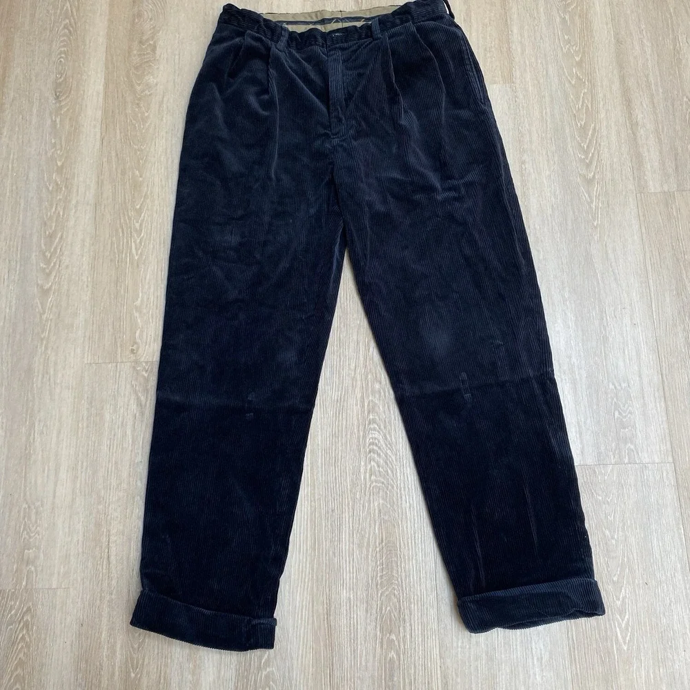 Vintage 90s Polo Ralph Lauren Mens Corduroy Pants 34x30 Black Y2K Pleated Cuffed
